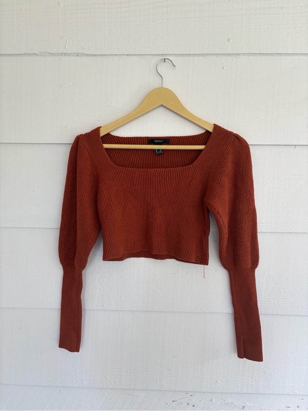Forever 21 Rust Orange Ribbed Cropped Sweater Medium Square Neck Balloon Sleeves